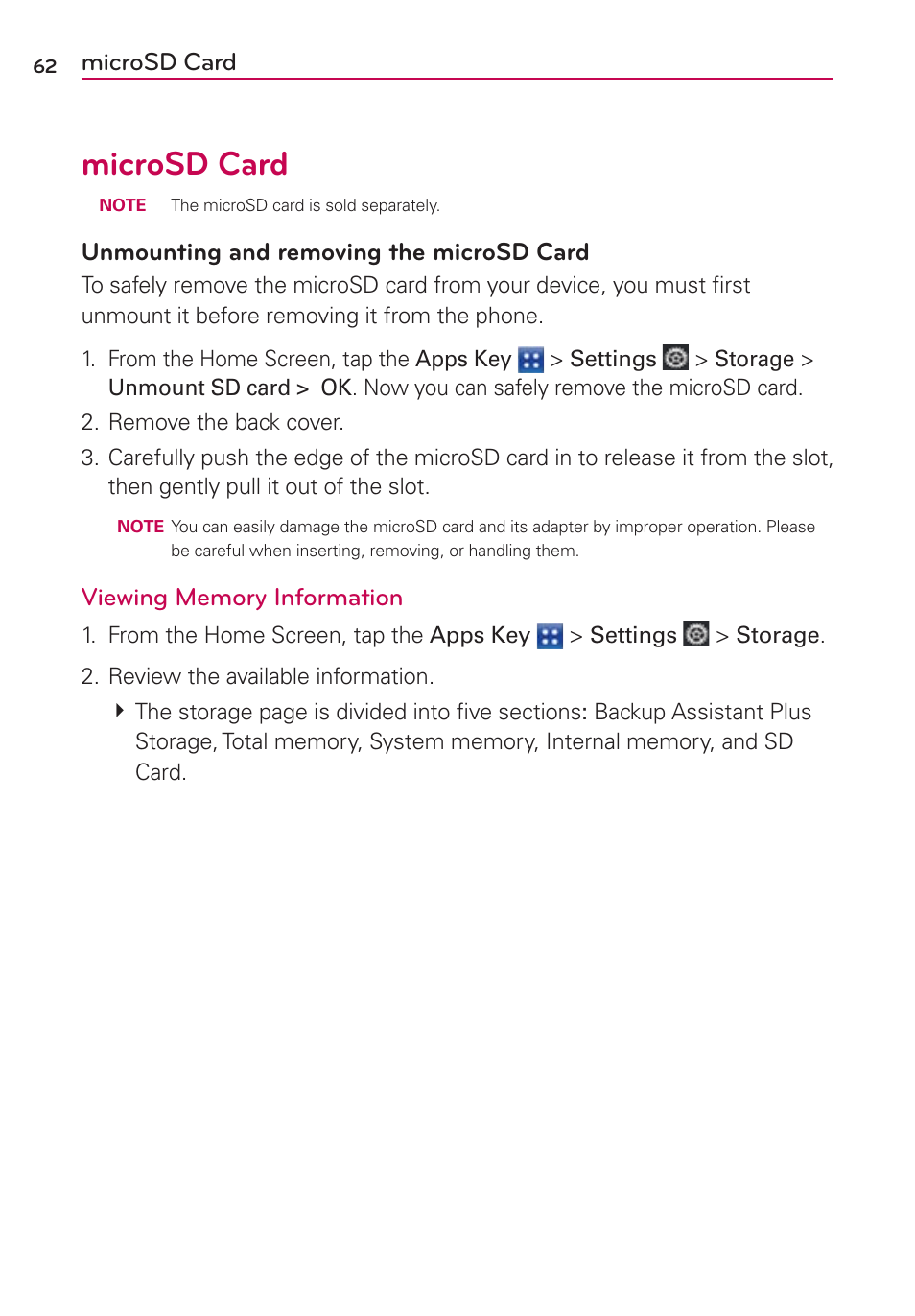 Microsd card, Unmounting and removing the microsd card | LG VS840 User Manual | Page 64 / 222