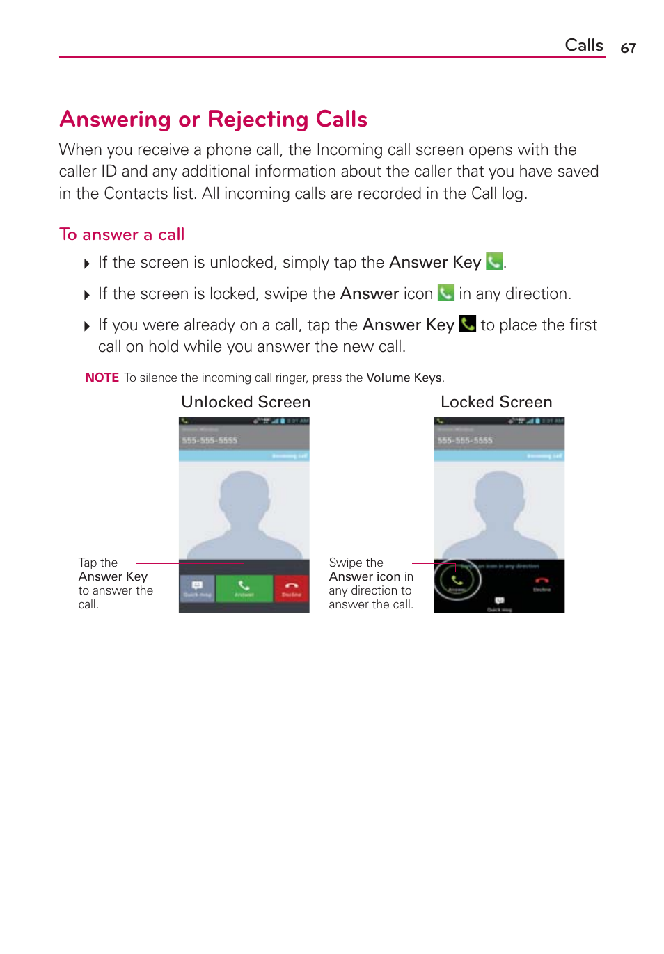 Answering or rejecting calls, Calls | LG VS840 User Manual | Page 69 / 222