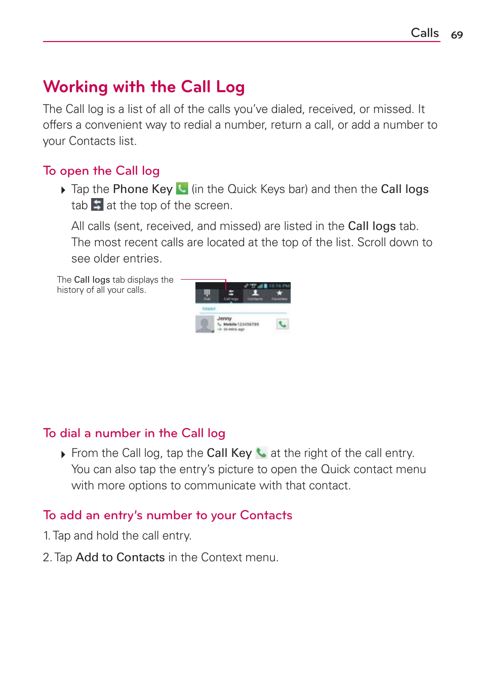 Working with the call log | LG VS840 User Manual | Page 71 / 222