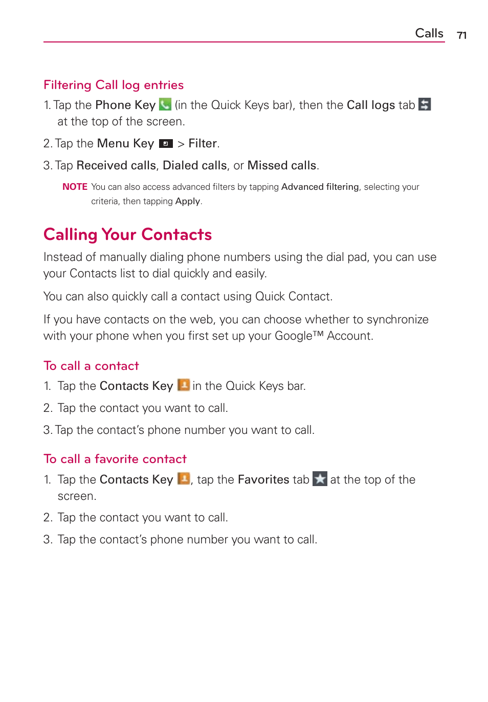 Calling your contacts | LG VS840 User Manual | Page 73 / 222