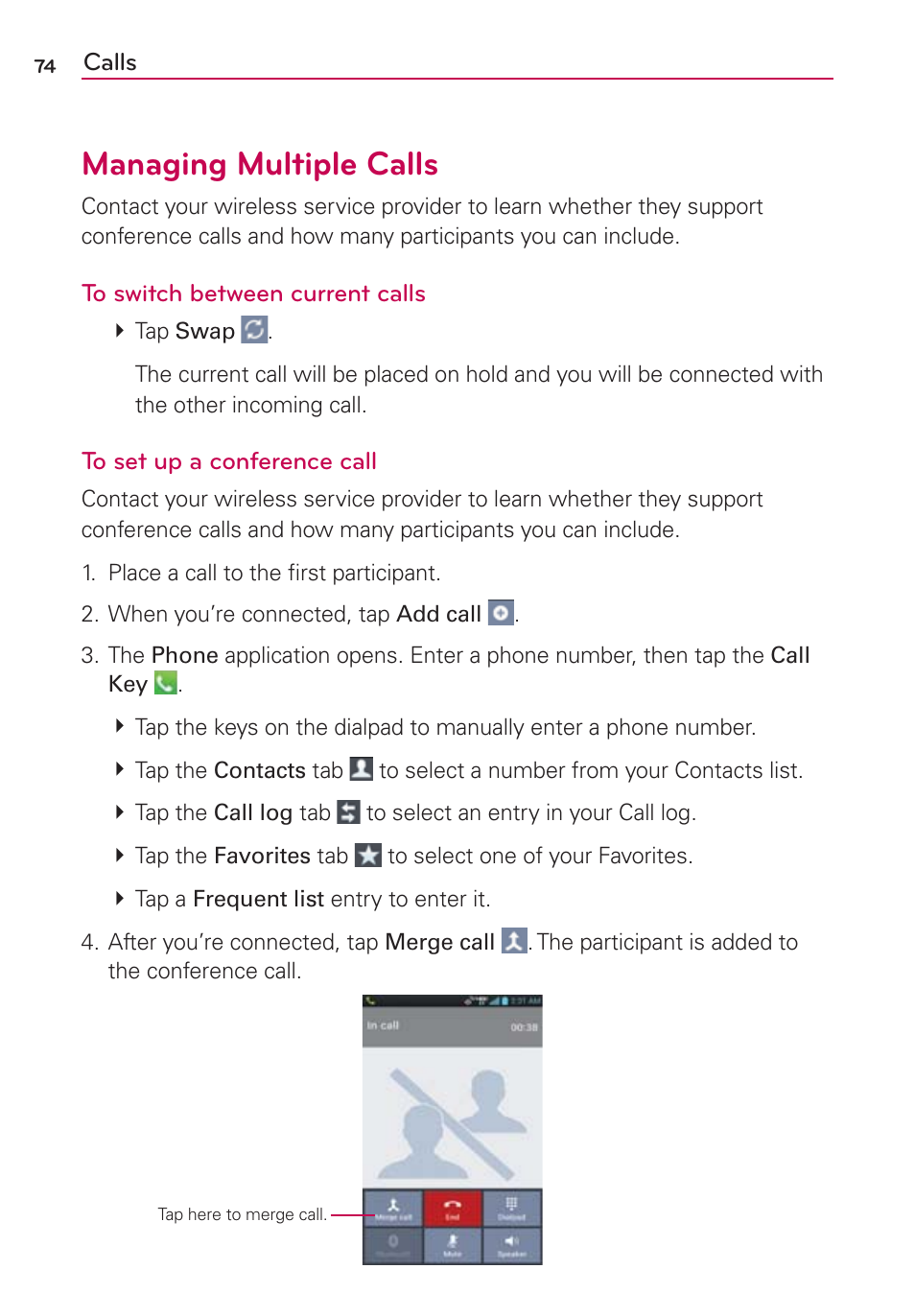 Managing multiple calls | LG VS840 User Manual | Page 76 / 222