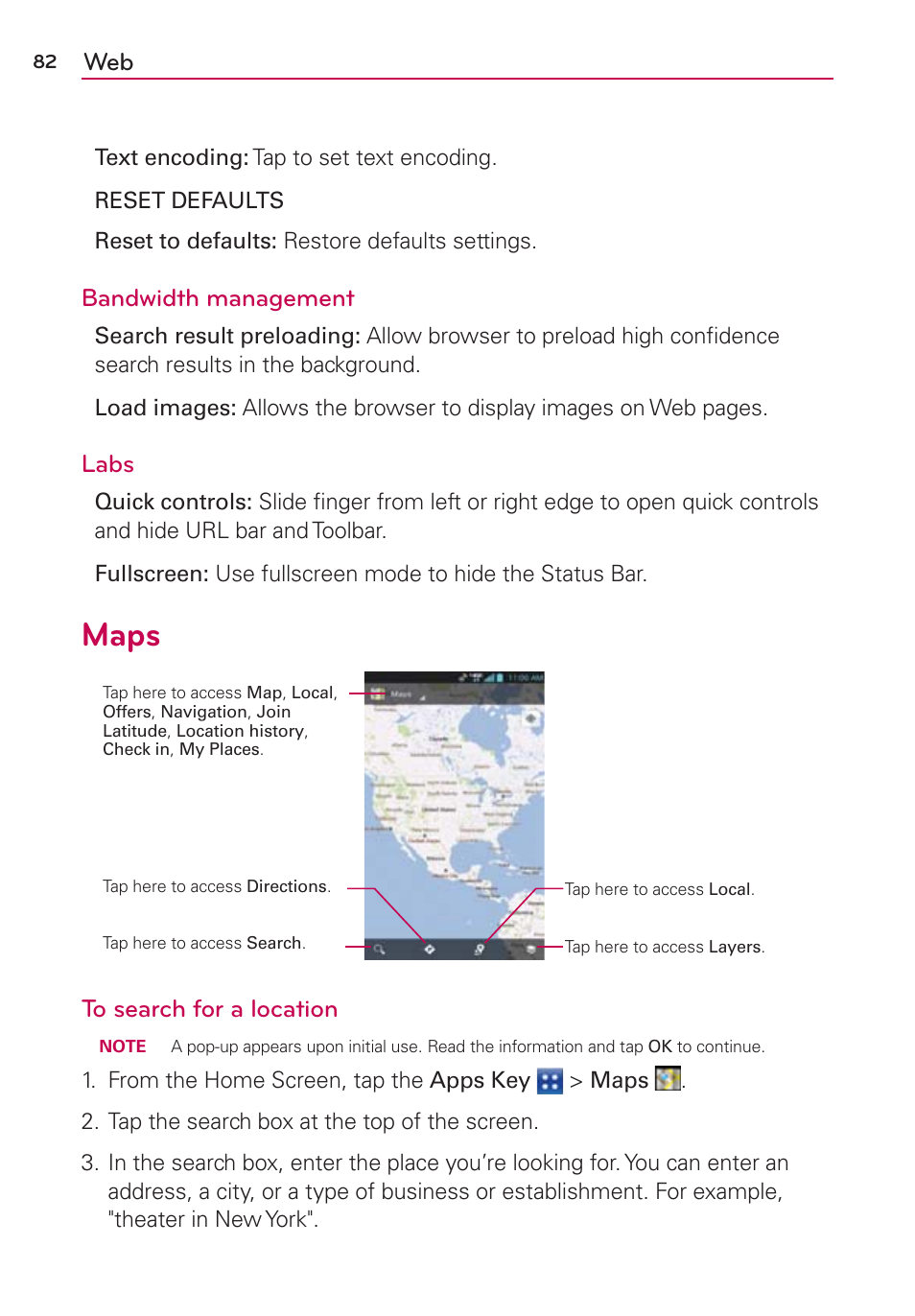 Maps, Bandwidth management, Labs | LG VS840 User Manual | Page 84 / 222