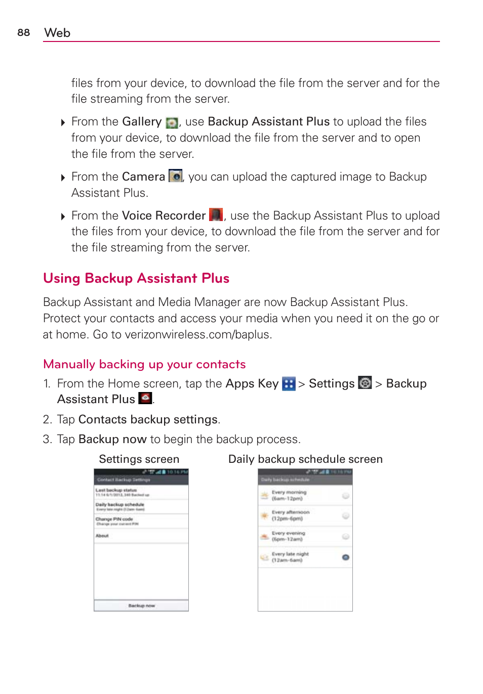 Using backup assistant plus | LG VS840 User Manual | Page 90 / 222