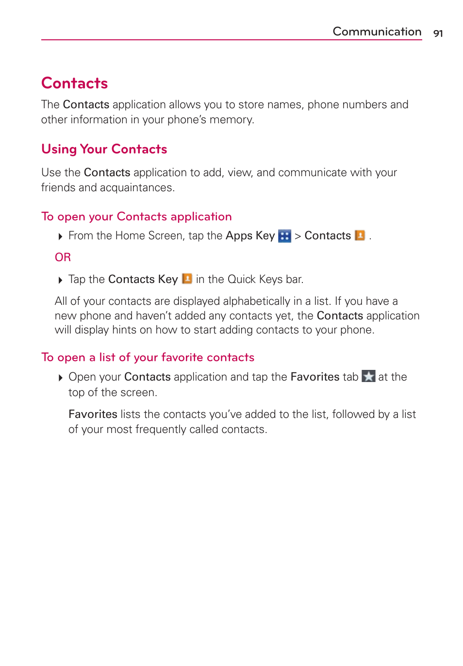 Contacts, Using your contacts | LG VS840 User Manual | Page 93 / 222