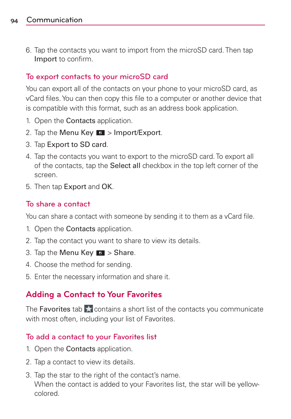 Adding a contact to your favorites | LG VS840 User Manual | Page 96 / 222