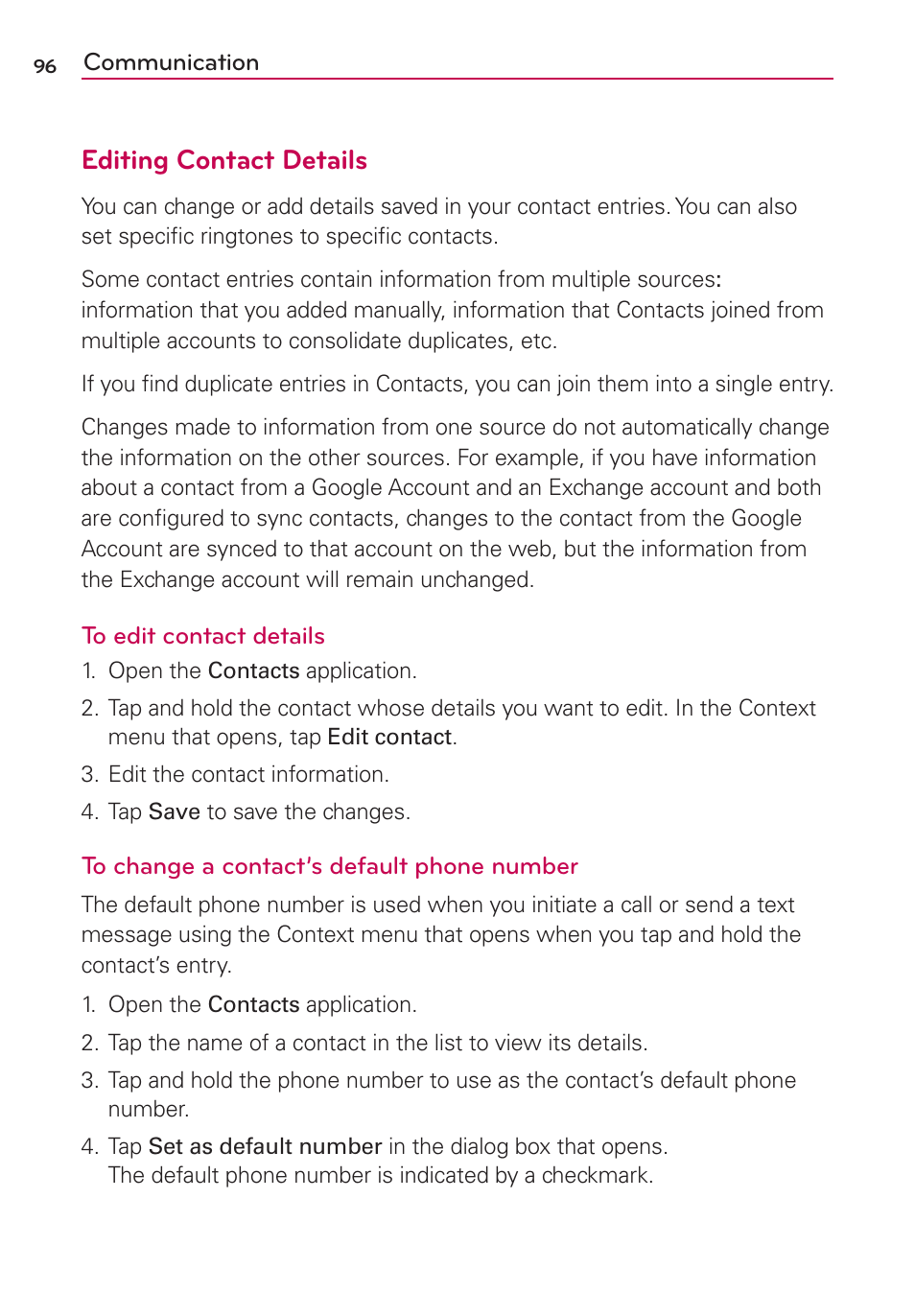 Editing contact details | LG VS840 User Manual | Page 98 / 222
