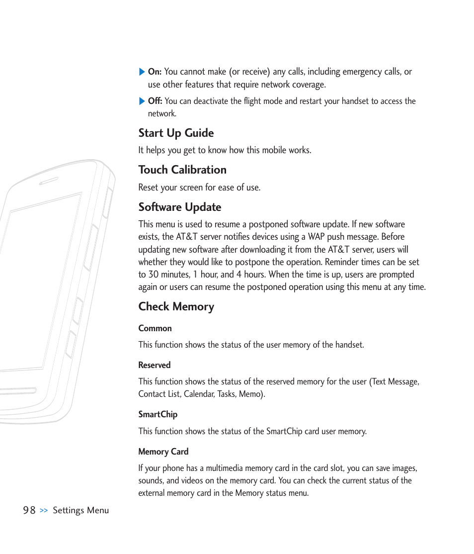 Start up guide, Touch calibration, Software update | Check memory | LG CU915 User Manual | Page 102 / 136