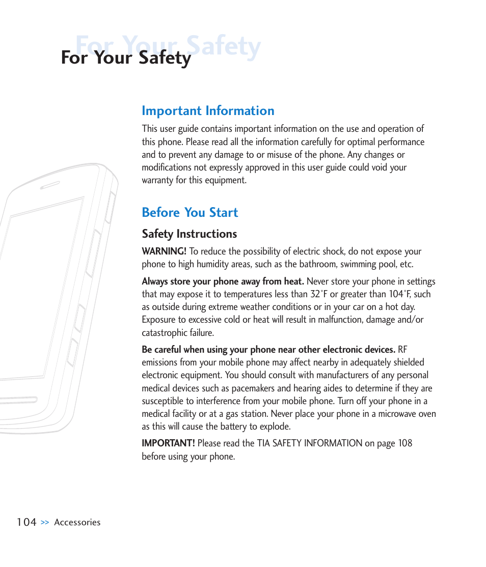 For your safety, Important information, Before you start | LG CU915 User Manual | Page 108 / 136