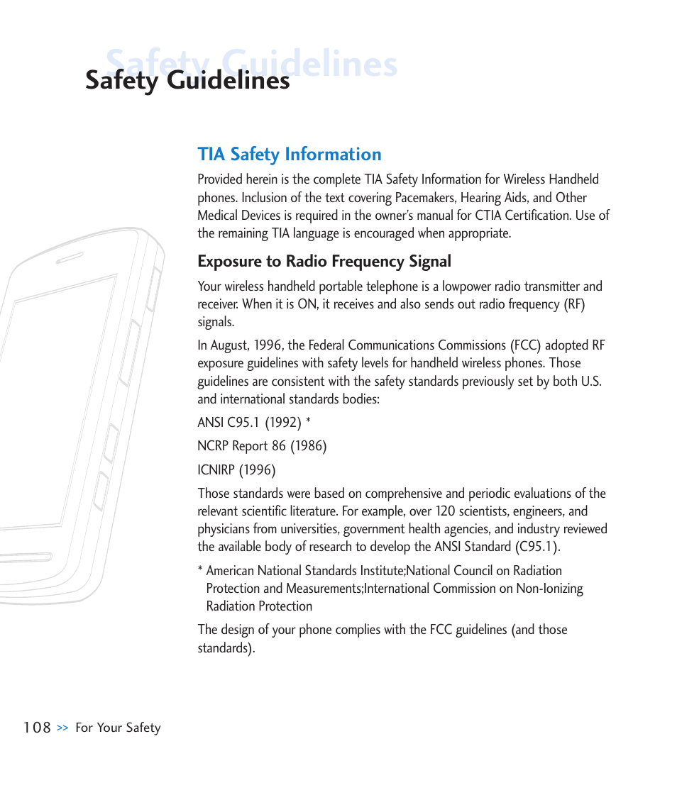 Safety guidelines, Tia safety information | LG CU915 User Manual | Page 112 / 136