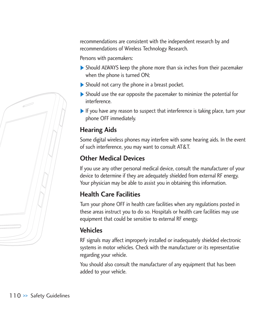 Hearing aids, Other medical devices, Health care facilities | Vehicles | LG CU915 User Manual | Page 114 / 136