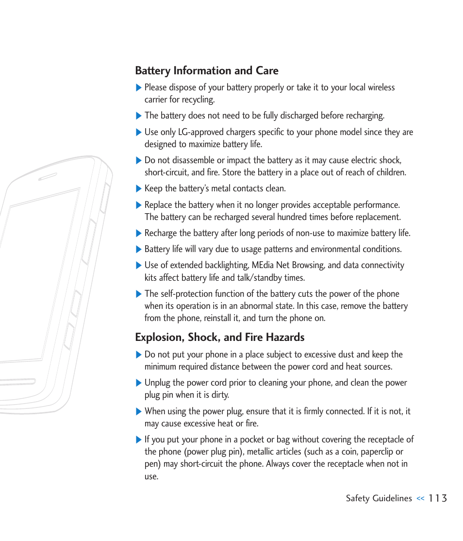 Battery information and care, Explosion, shock, and fire hazards | LG CU915 User Manual | Page 117 / 136