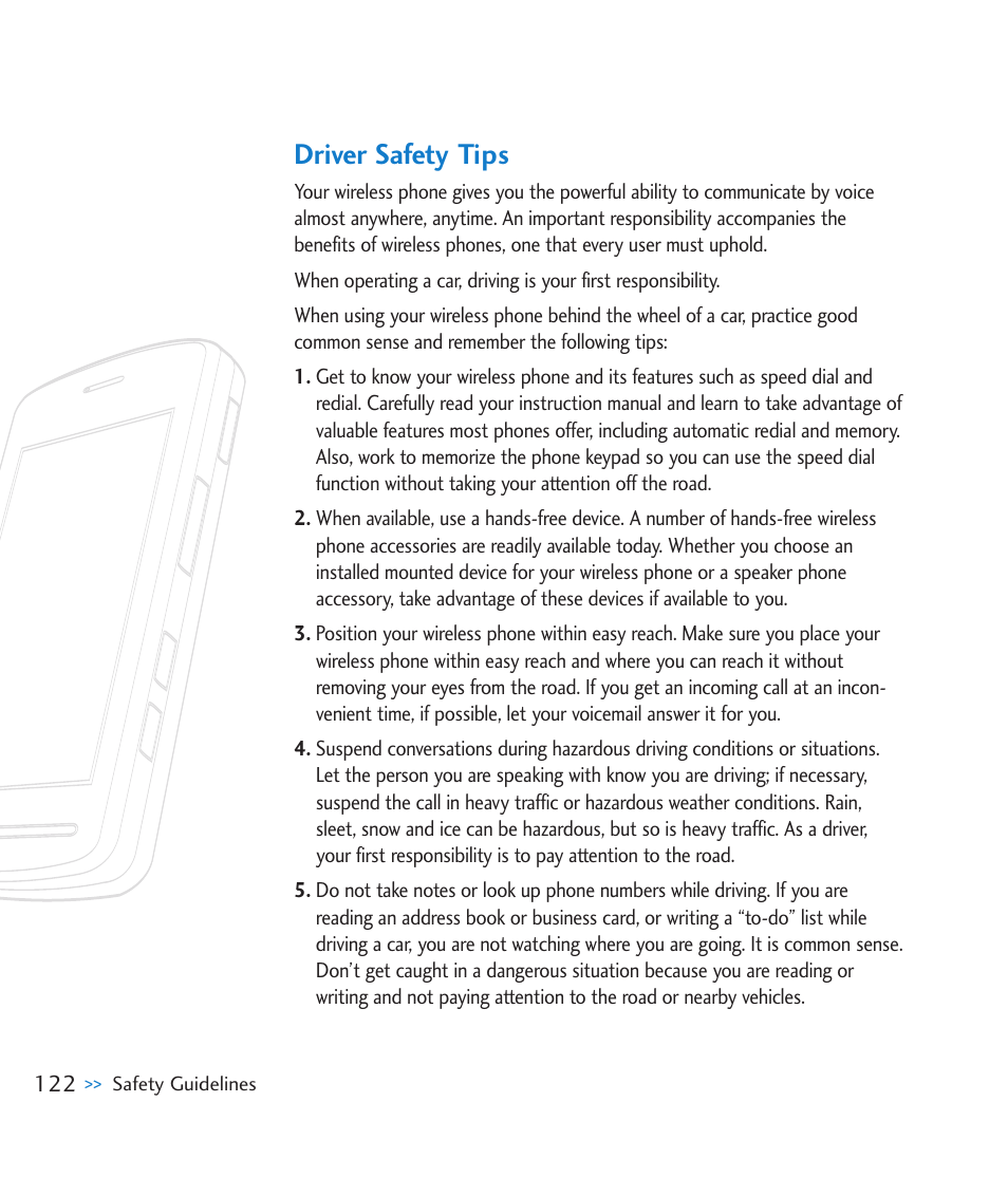 Driver safety tips | LG CU915 User Manual | Page 126 / 136