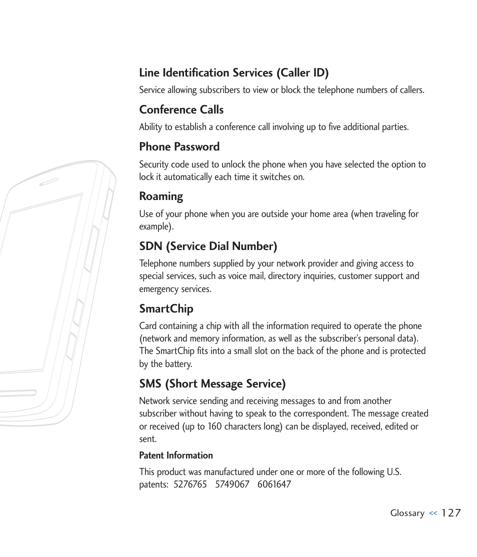 Line identification services (caller id), Conference calls, Phone password | Roaming, Sdn (service dial number), Smartchip, Sms (short message service) | LG CU915 User Manual | Page 131 / 136