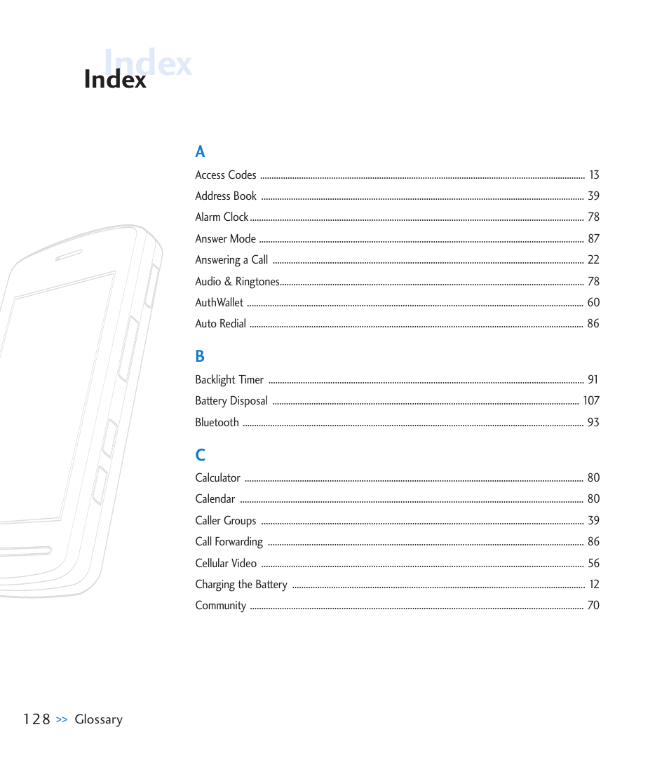 Index | LG CU915 User Manual | Page 132 / 136