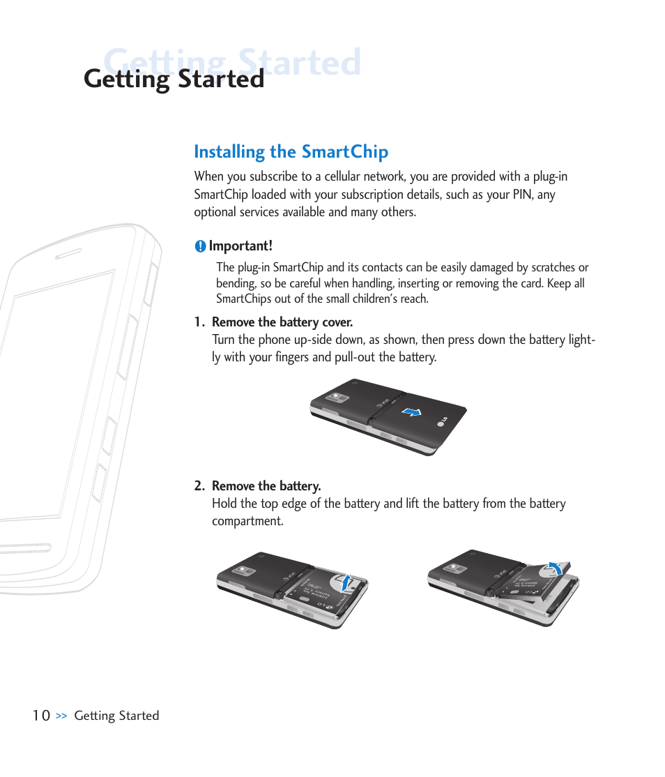 Getting started, Installing the smartchip | LG CU915 User Manual | Page 14 / 136