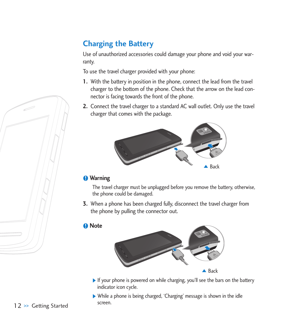 Charging the battery | LG CU915 User Manual | Page 16 / 136