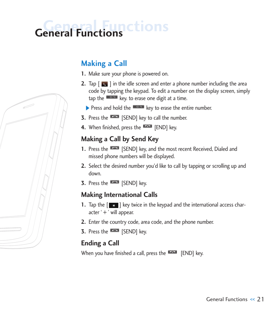 General functions, Making a call | LG CU915 User Manual | Page 25 / 136