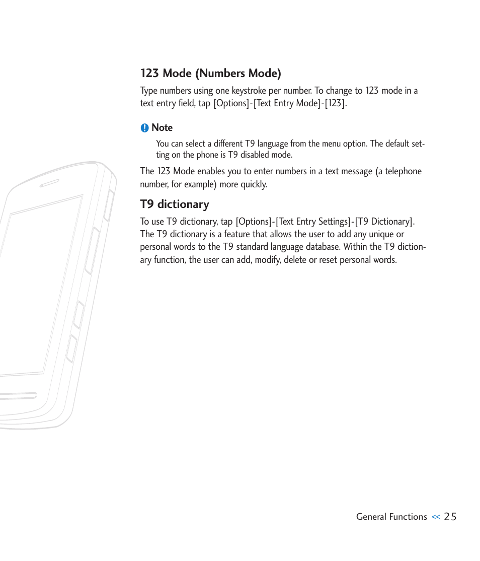 123 mode (numbers mode), T9 dictionary | LG CU915 User Manual | Page 29 / 136