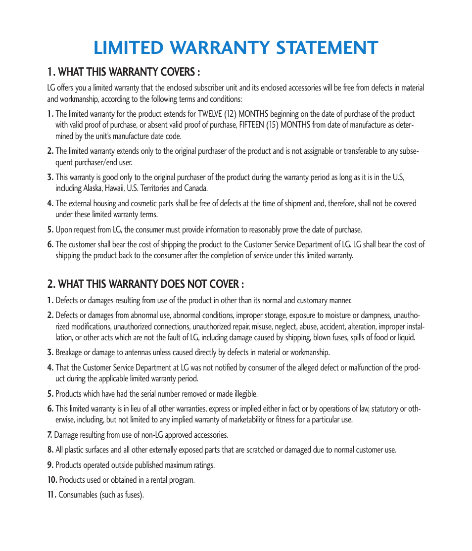Limited warranty statement, What this warranty covers, What this warranty does not cover | LG CU915 User Manual | Page 3 / 136