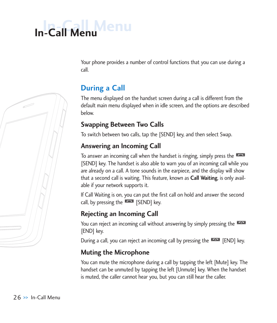 In-call menu, During a call | LG CU915 User Manual | Page 30 / 136