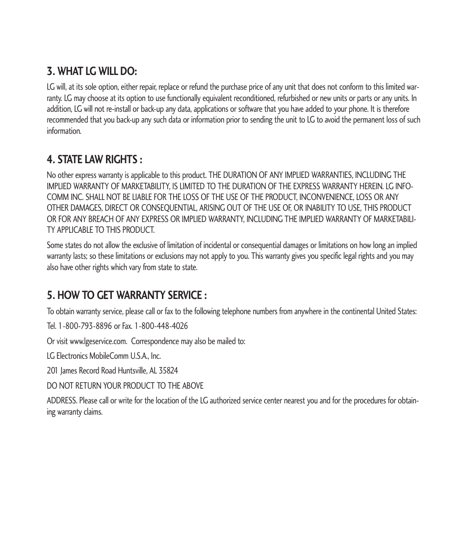 What lg will do, State law rights, How to get warranty service | LG CU915 User Manual | Page 4 / 136