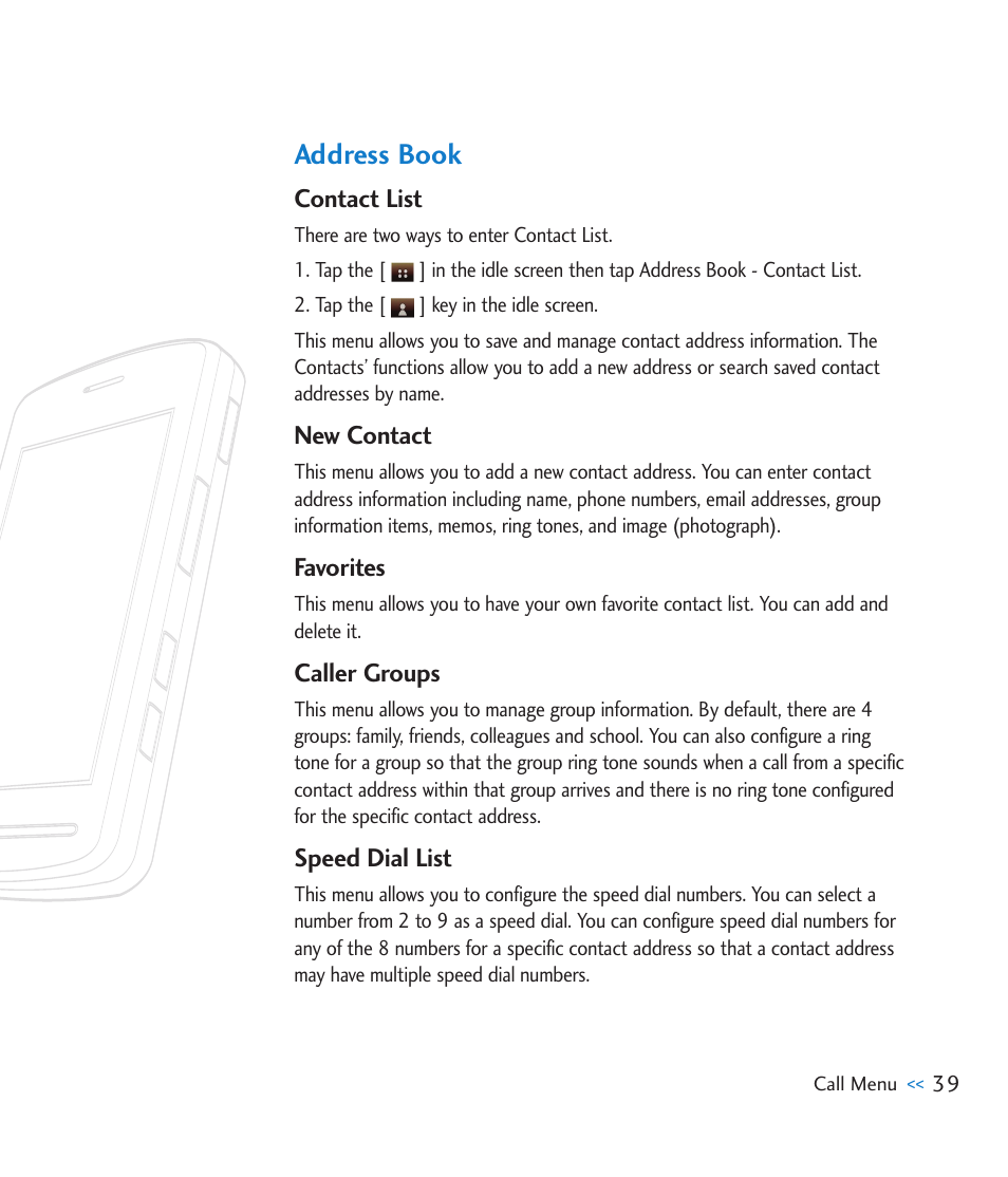 Address book, Contact list, New contact | Favorites, Caller groups, Speed dial list | LG CU915 User Manual | Page 43 / 136