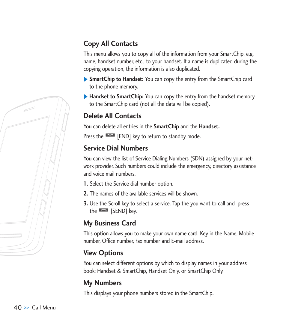 Copy all contacts, Delete all contacts, Service dial numbers | My business card, View options, My numbers | LG CU915 User Manual | Page 44 / 136