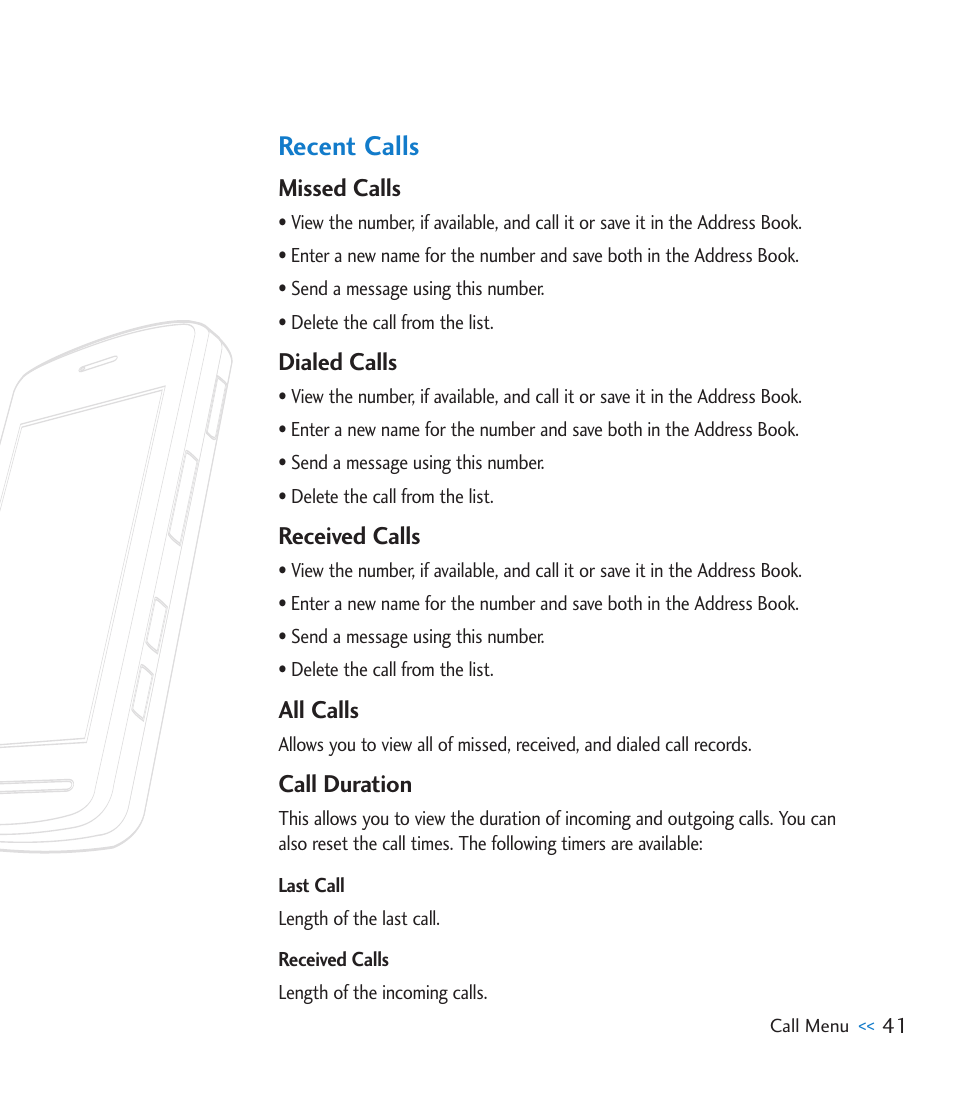 Recent calls, Missed calls, Dialed calls | Received calls, All calls, Call duration | LG CU915 User Manual | Page 45 / 136