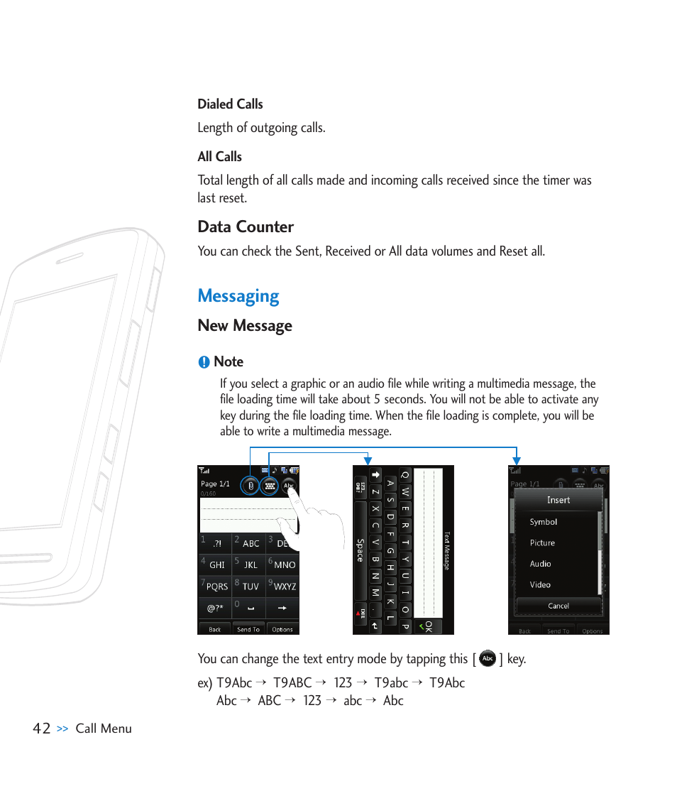 Data counter, Messaging, New message | LG CU915 User Manual | Page 46 / 136