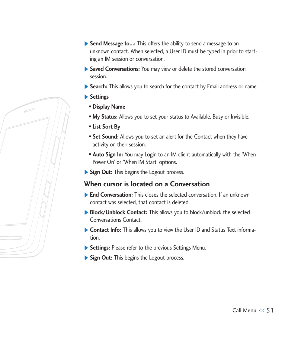 When cursor is located on a conversation | LG CU915 User Manual | Page 55 / 136