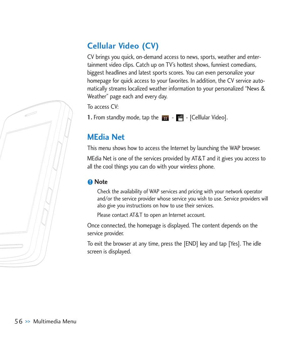 Cellular video (cv), Media net | LG CU915 User Manual | Page 60 / 136