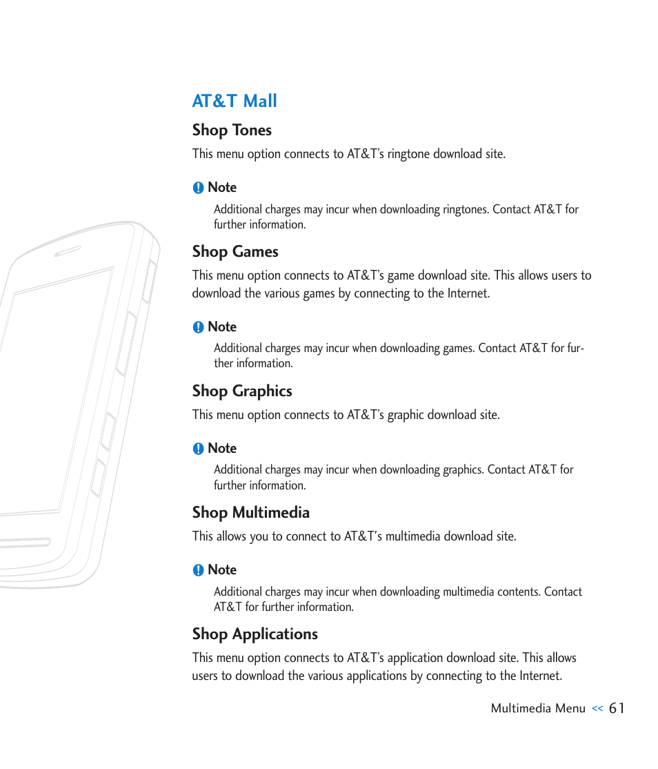 At&t mall, Shop tones, Shop games | Shop graphics, Shop multimedia, Shop applications | LG CU915 User Manual | Page 65 / 136