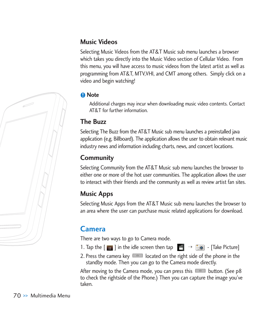 Music videos, The buzz, Community | Music apps, Camera | LG CU915 User Manual | Page 74 / 136