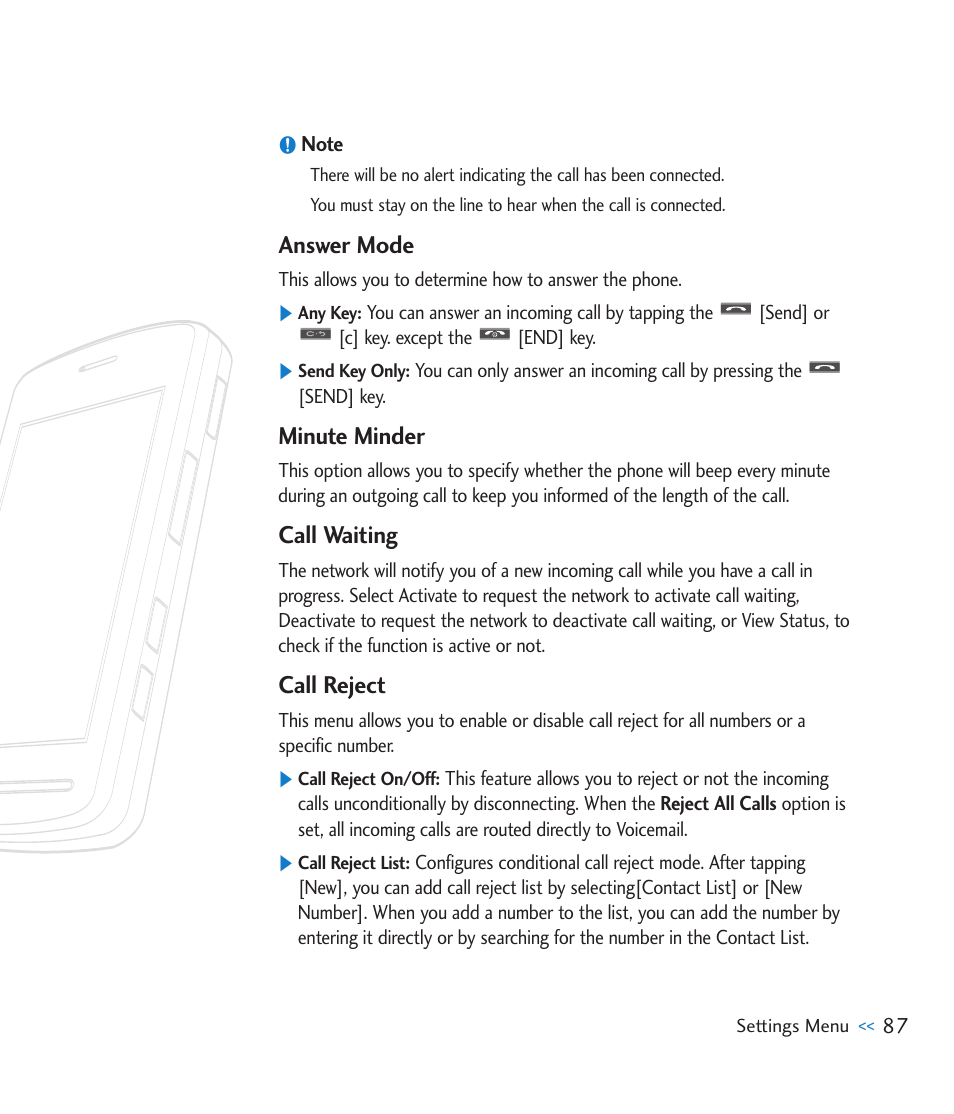 Answer mode, Minute minder, Call waiting | Call reject | LG CU915 User Manual | Page 91 / 136