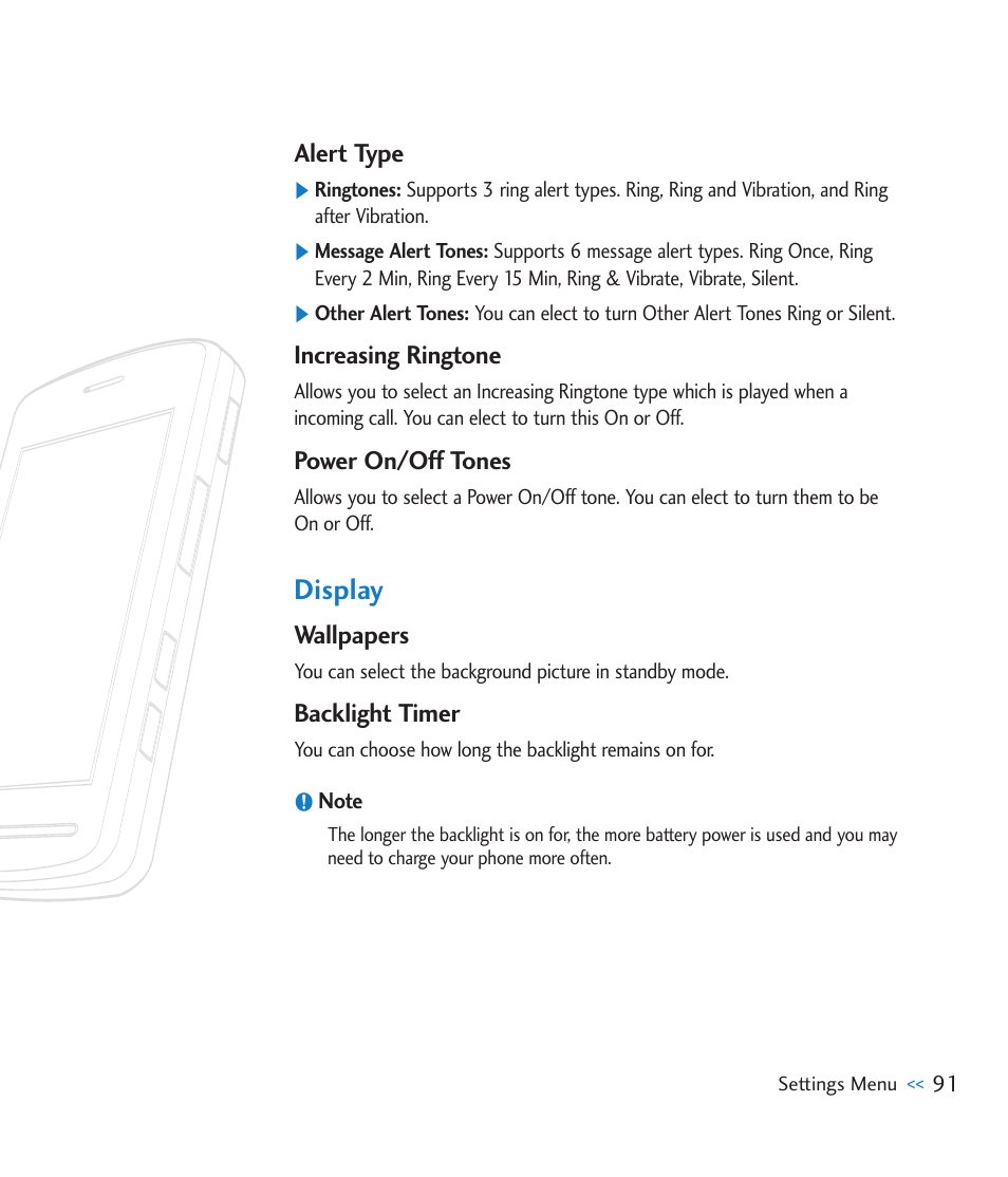 Alert type, Increasing ringtone, Power on/off tones | Display, Wallpapers, Backlight timer | LG CU915 User Manual | Page 95 / 136