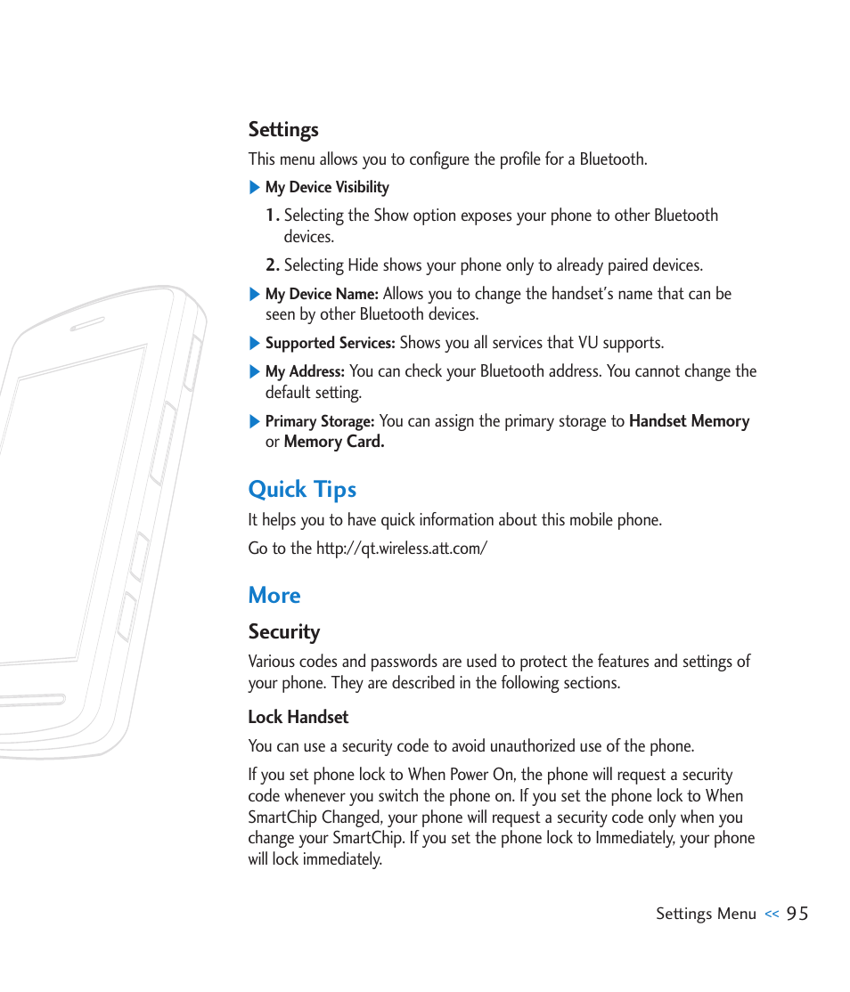 Settings, Quick tips, More | Security | LG CU915 User Manual | Page 99 / 136