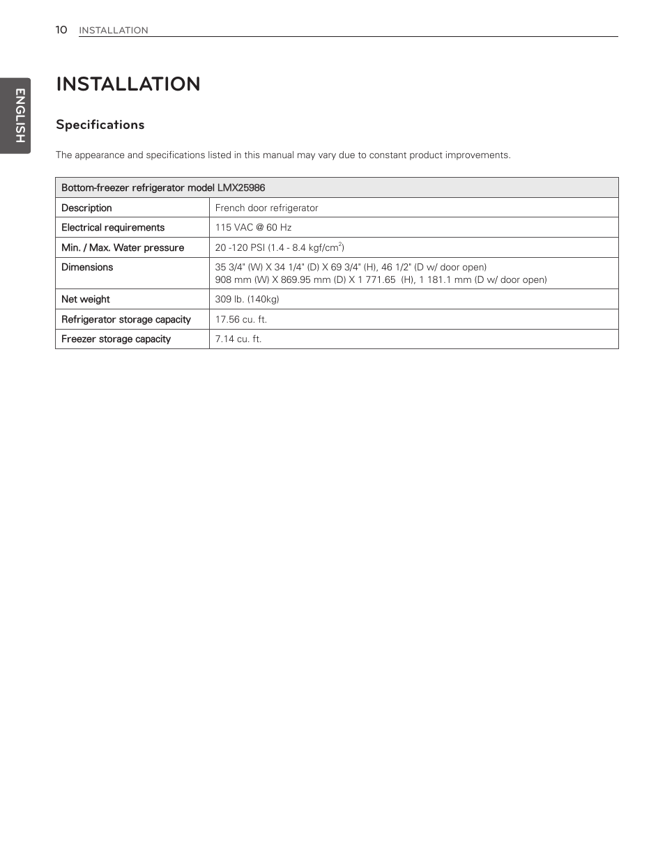 Installation, Specifications | LG LMX25986ST User Manual | Page 10 / 53