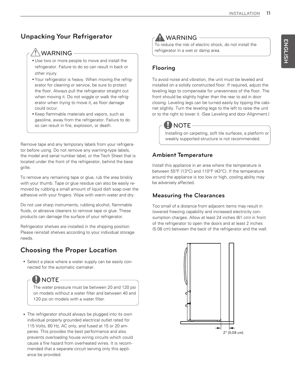 Choosing the proper location, Unpacking your refrigerator, Warning | Ambient temperature, Flooring, Measuring the clearances | LG LMX25986ST User Manual | Page 11 / 53