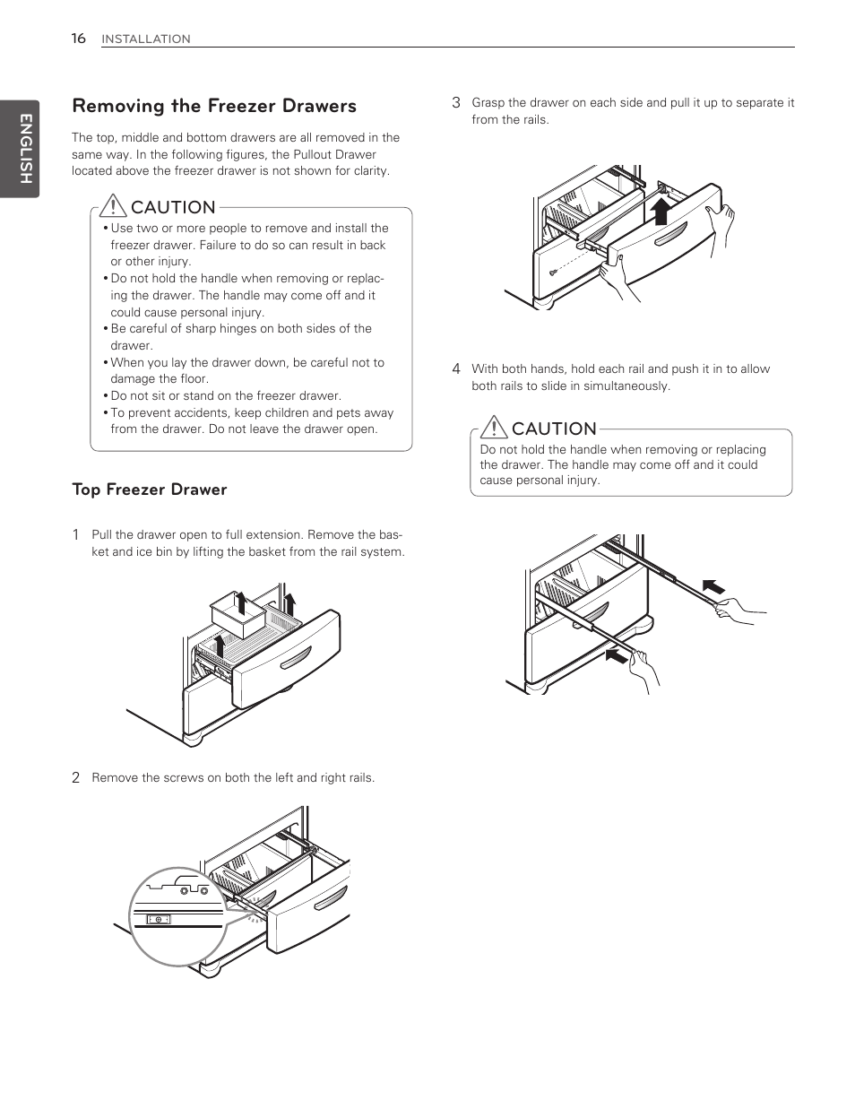 Removing the freezer drawers, Caution, Top freezer drawer | LG LMX25986ST User Manual | Page 16 / 53