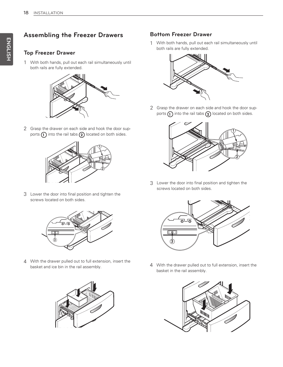 Assembling the freezer drawers, Top freezer drawer, Bottom freezer drawer | English | LG LMX25986ST User Manual | Page 18 / 53