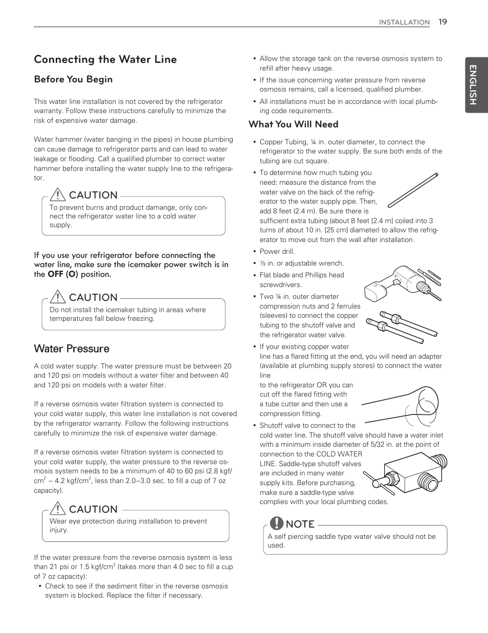 Connecting the water line, Caution, Before you begin | Water pressure, What you will need | LG LMX25986ST User Manual | Page 19 / 53