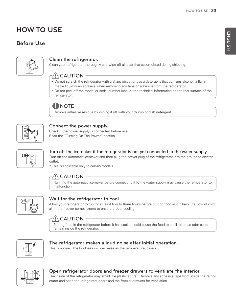 How to use, Before use, Caution | LG LMX25986ST User Manual | Page 23 / 53