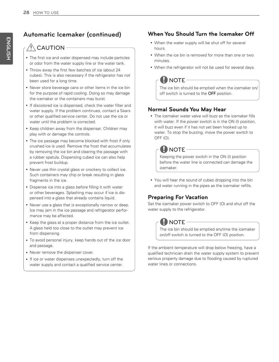 Automatic icemaker (continued), Caution, When you should turn the icemaker off | Normal sounds you may hear, Preparing for vacation | LG LMX25986ST User Manual | Page 28 / 53