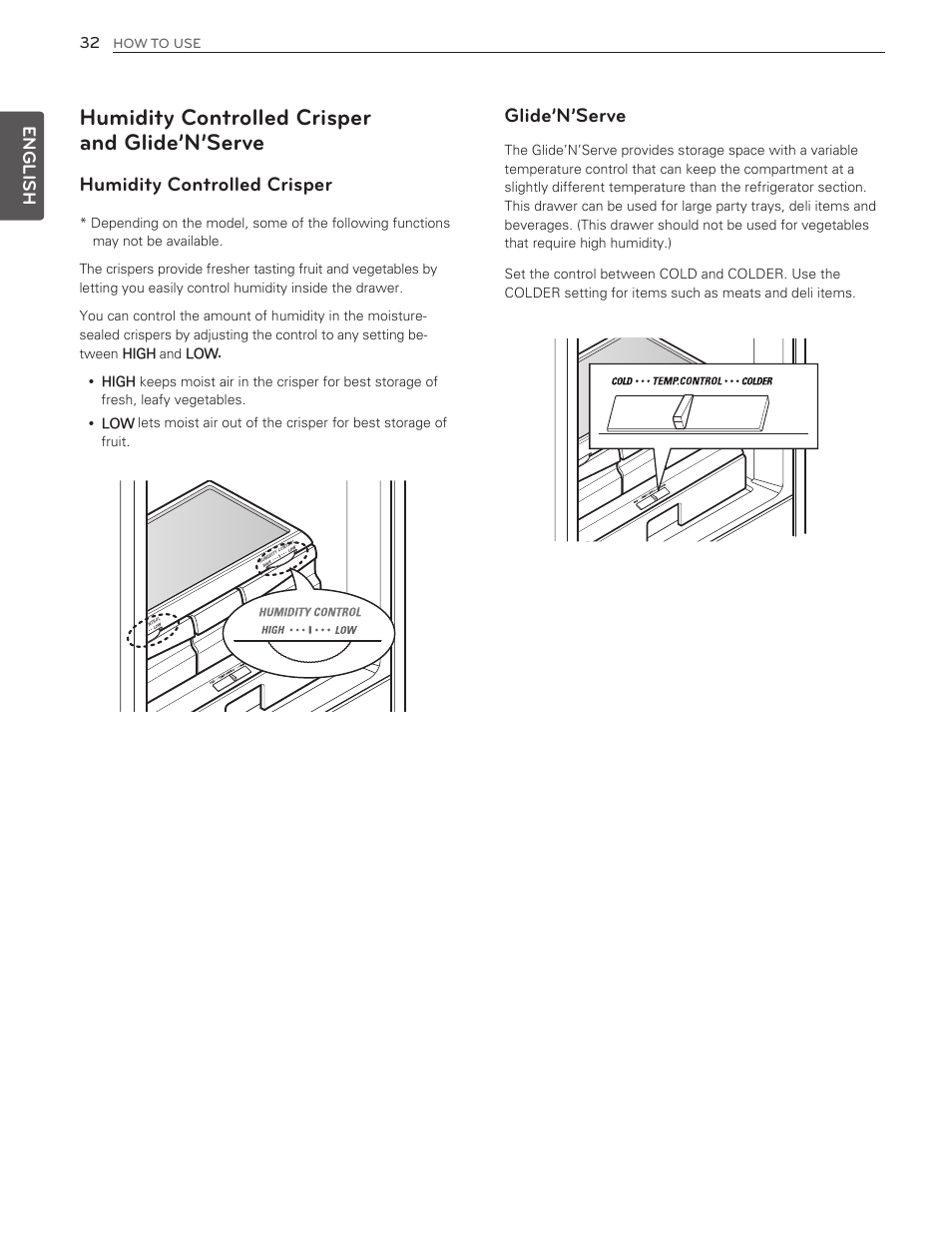 Humidity controlled crisper and glide’n’serve, Glide’n’serve, Humidity controlled crisper | LG LMX25986ST User Manual | Page 32 / 53