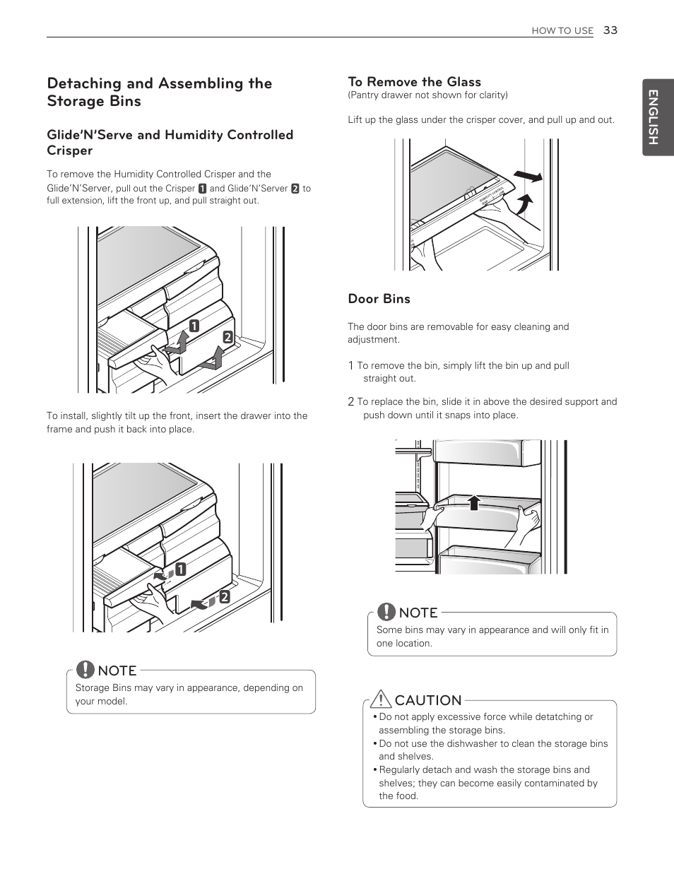 Wcaution, Detaching and assembling the storage bins, Caution | Door bins, Glide’n’serve and humidity controlled crisper | LG LMX25986ST User Manual | Page 33 / 53