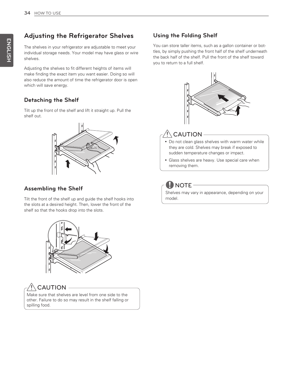 Adjusting the refrigerator shelves, Caution, Using the folding shelf | Detaching the shelf, Assembling the shelf | LG LMX25986ST User Manual | Page 34 / 53