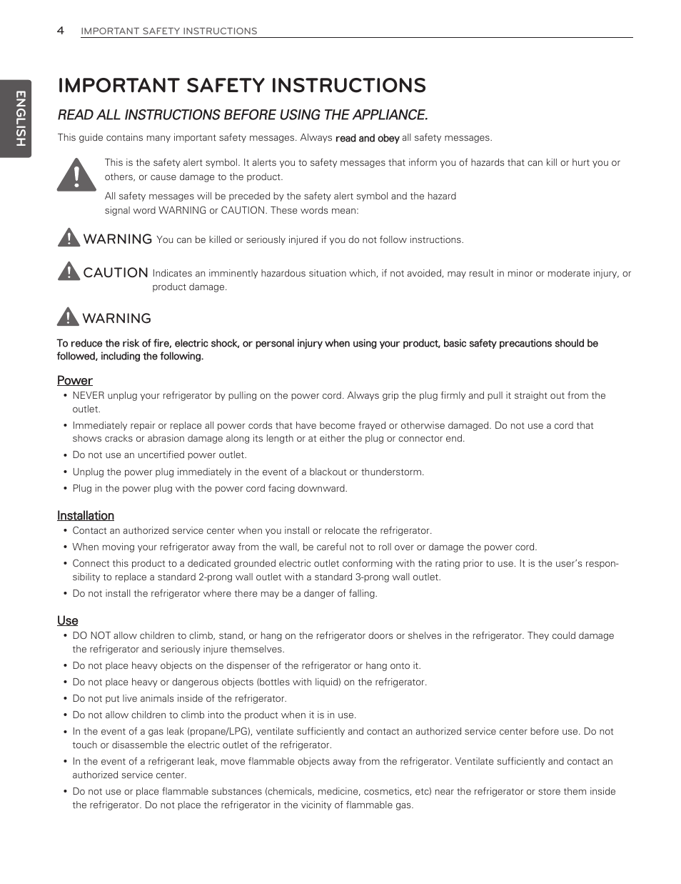 Important safety instructions, Warning, Caution | LG LMX25986ST User Manual | Page 4 / 53