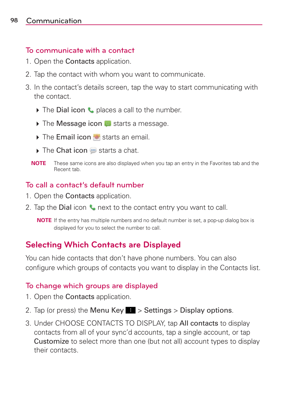 Selecting which contacts are displayed, Communication to communicate with a contact | LG LGVS890 User Manual | Page 100 / 231