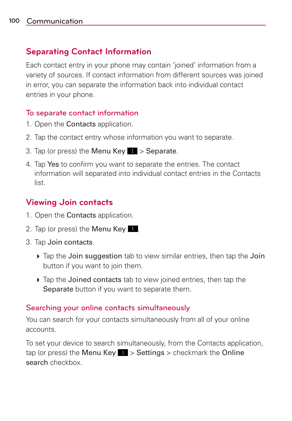 Separating contact information, Viewing join contacts | LG LGVS890 User Manual | Page 102 / 231