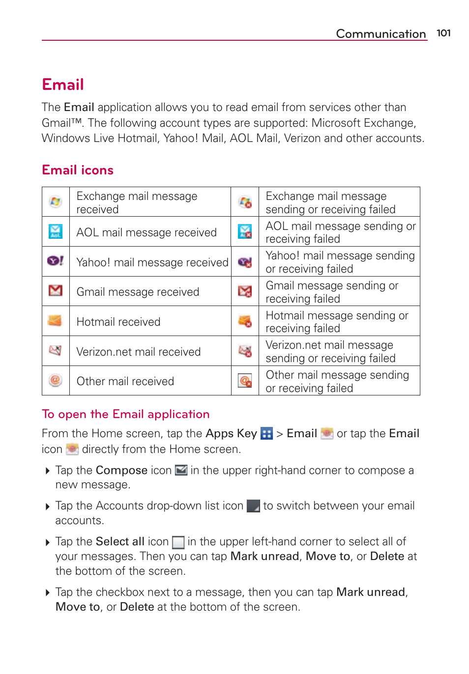 Email, Email icons | LG LGVS890 User Manual | Page 103 / 231